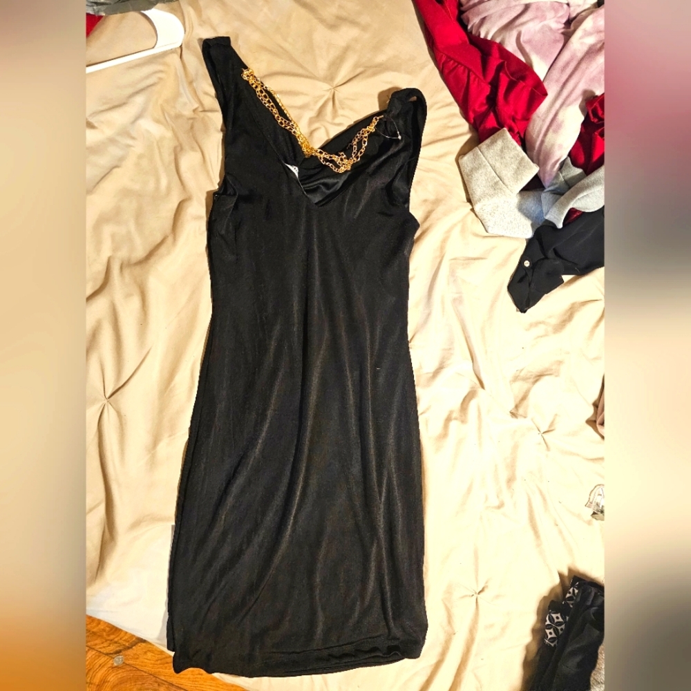 Almost famous black dress with gold chains on back Large